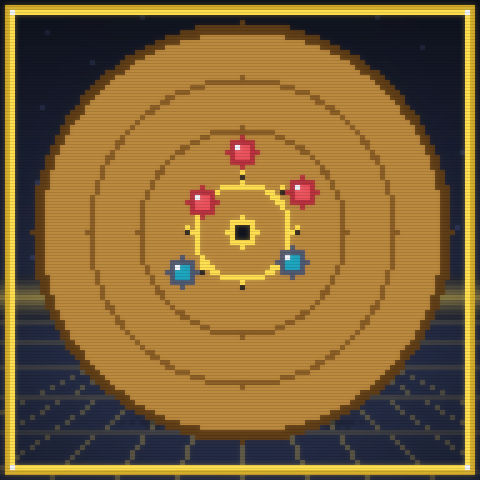 Pixel-art illustration of a crokinole board seen from above, with six discs near the centre pegs.