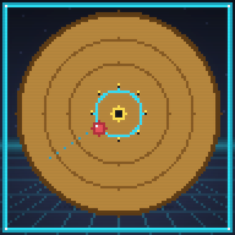 Pixel-art illustration of a crokinole board, focused on the pegs guarding the centre hole.