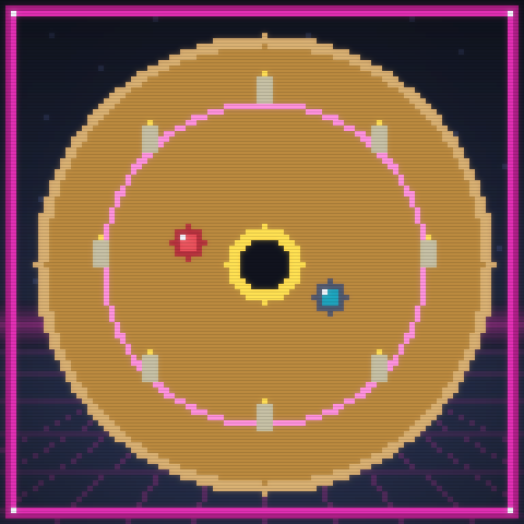 Pixel-art illustration of a crokinole board.
